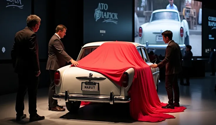 The image shows a white     suzuki maruti 1957  car on display at an auto show. Thecar is covered with a red tarp, which is draped over the back of the car There are three people standing around the car  , one of them is holding the tarp and the other two ...