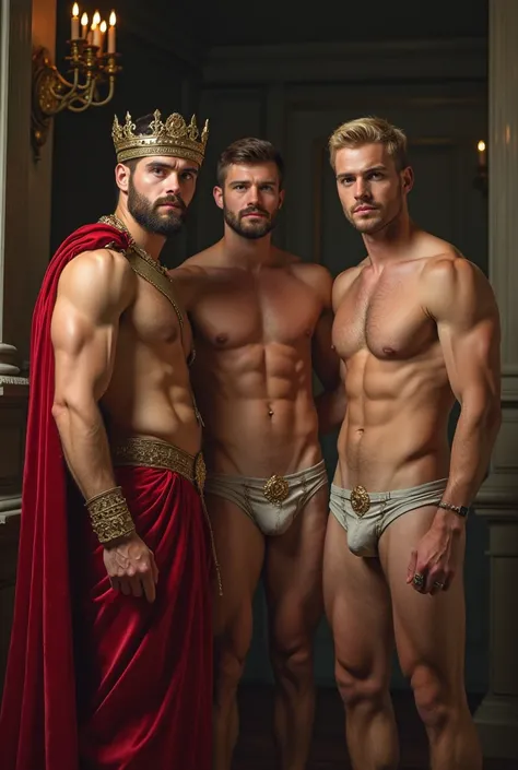 Five members of royalty:
1. King. Handsome gay senior, naked, muscle, hairy, sexy.
2. Prince. Handsome gay man, muscle fit, Big chest, naked, sexy.
3. Prince. Handsome gay men, blonde, Green eyes, naked, hairy, muscle fit, sexy.