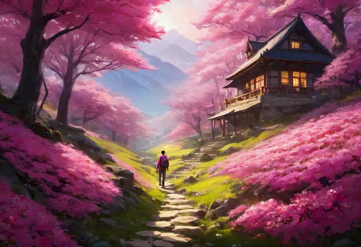  A lone traveler walks through a beautiful pink spring forest， A beautiful house is located on a beautiful mountain ，Fall, Beautiful and spectacular sunset, Adventure clothes ，whole body，realistic，8k，masterpiece， vivid colors ，Natural Lighting，Wide Angle，p...