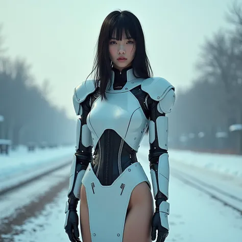 "Cyborg Girl、Android Girl、 Cyberpunk World 、　 25 year old Japanese woman、　Ghost in the Shell、　 Blade Runner 、Clear Photos、　 beautiful skin 、　16k quality、winter,Spinner,sunny,haute couture,  cute girl、　Long limbs、　slit skirts、   real photo."