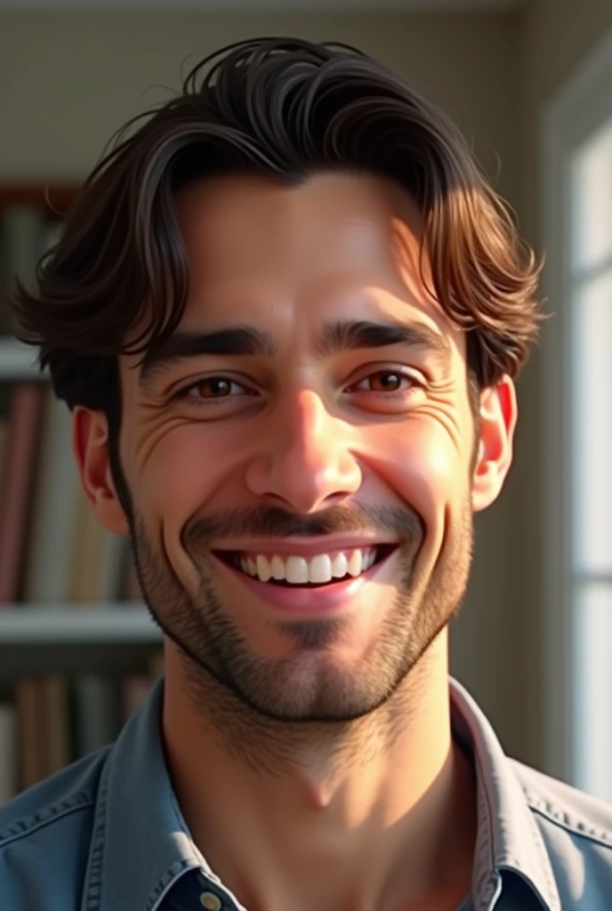 Develop an image showing only the face of 
A man with straight hair, brown eyes and smiling 