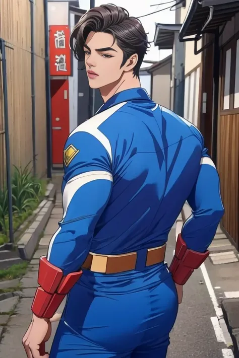 (  best quality ), ,Back Alley,  Japanese with a cool and handsome face ,Beautiful young 18 years old ,  handsome idol , shiny power rangers suit,  toned and muscular , Tall, Turn your body towards the viewer