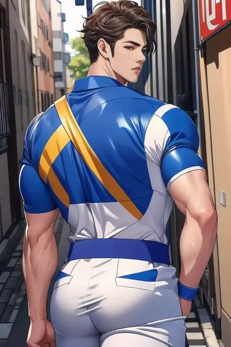 (  best quality ), ,Back Alley,  Japanese with a cool and handsome face ,Beautiful young 18 years old ,  handsome idol , shiny power rangers suit,  toned and muscular , Tall, Turn your body towards the viewer