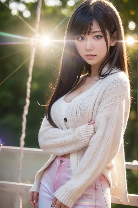 masterpiece,best_quality,hyper_detailed,insanely_detailed, (lens flare:1.4),(ichinuse_honami15),youkosojitsuryokusijyoushuginokyousitsue,blue_eyes,pink_long hair,small_breasts,thick_thighs,white_cardigan,short denim pants,sunset,arms_behind_bac