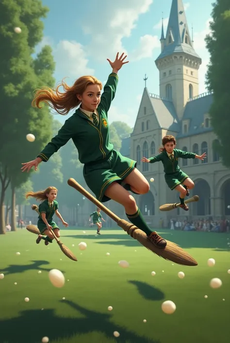 Magic Quidditch like Harry Potter but let it be a school sport with a green and white uniform in a large yard