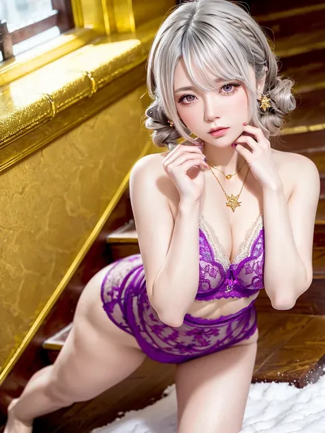  Purple Lace Song     &   good, (((   very elegant and beautiful , perfect detail,    super detailed))), whole body,    The most detailed girl   ,   Depth of the Boundary , 美しく詳細なwhole body, Thin legs,    1 girl, 30 years old,    very short hair, Spiked Ha...