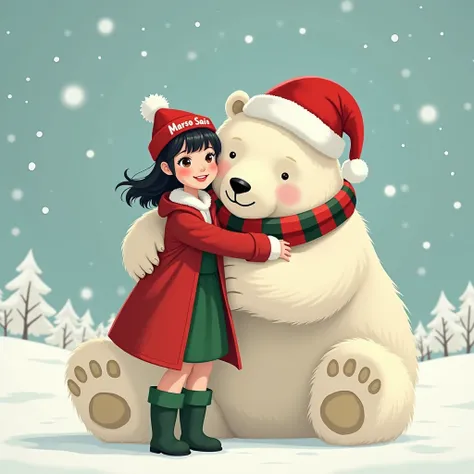 beautiful Asian woman wearing a red coat , with bangs shoulder length hair straight green dress, red helt and green boots, she is wearing a Christmas hat with printed name "Marso Sais" Background is in snow land with  a Giant polar bear, the woman is huggi...