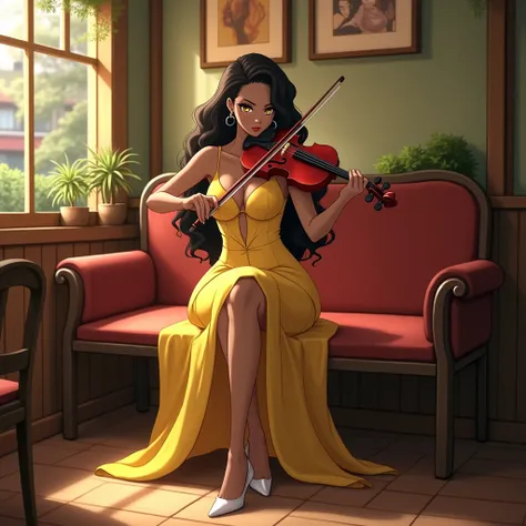 Screenshot of boku no hero academia, girl whit dark skin,long curl hair black,feline bright Golden eyes,large breasts, slim waist, wide hips, toned legs. an elegant outfit, a long yellow dress, white heels. She is sitting on a bench playing a violin, her s...