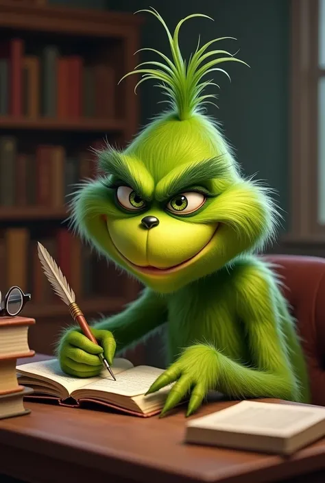 Give me the image of a Grinch studying who doesnt scare and who doesnt have such a pronounced smile and a plus 