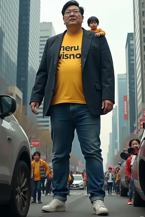 A handsome Korean man becomes a giant wearing a yellow t-shirt with text "heru wisnoe"  layered black suit dark blue jeans sits down to jam a vehicle in the city center and on the shoulders of his accomplice there is a small human being. There are 5 Asian ...