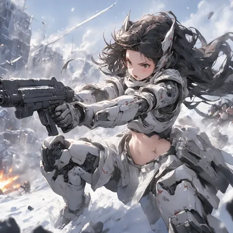 (  Masterpiece  ), (   top quality), (    super detailed ),    1 girl ,   whole body， holding a gun，battle，bombing，battleシーン， Gunfight，Fighting poses， is intense，snow，snow原，Body wounds，Mecha equipment，