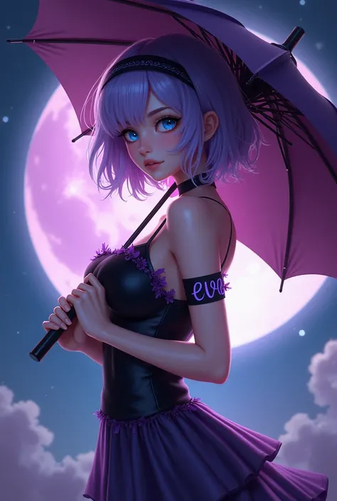  A very sexy girl with good hips blue eyes . The E word on the arm .   with an umbrella in her hand in dark purple , with short lilac hair ,  with a headband wearing a dress in black with bright lilac tangled with purple . With a background of planet Venus...