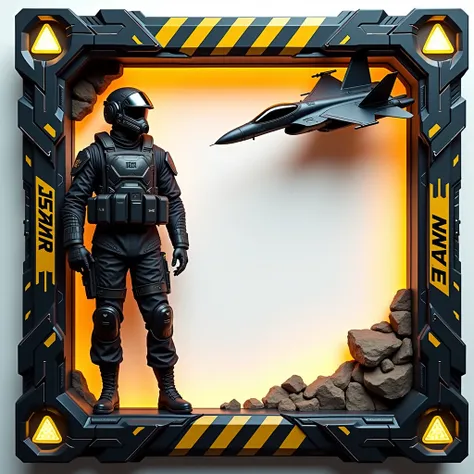 Create a square frame 1024 x 1024 ,  square decorative frame inspired by the handle of a futuristic katana ., frame colors black and gold interspersed ,  interspersed color design as danger signs, In the upper right corner a combat aircraft , without leavi...