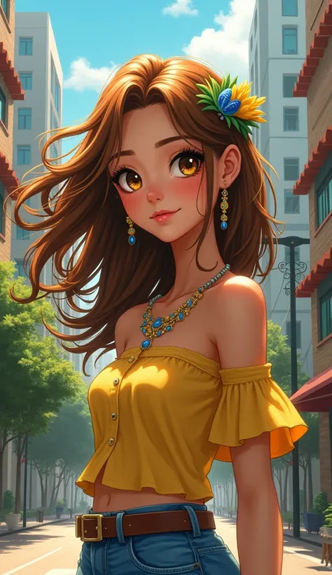  A girl who represents Brazil,  anime style ,ultra realistic,  ultra detailed , with background setting av .paulista.