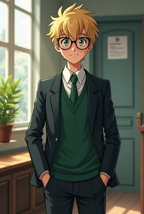  Finnegan - 18 years 
Geek
- physical characteristics 
1. 79 tall ,  short blond hair and dark green eyes , a more muscular middleweight .  Wearing glasses at school with school uniform . 