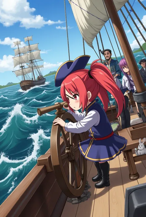  One super short pirate girl pilots a pirate ship 、 a rabbit looks at the girl anxiously 、[The girl wears an ultra chibi :1.2]、 has red hair in twin tails  、 pirate captains hat 、Black eye patch on one eye、red eyes、 wears an old pirate captains costume 、 B...