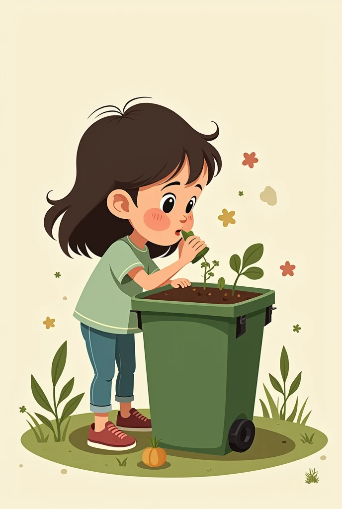 a girl drinking a compost bin ,  that is animated is not in full body and is in vector style