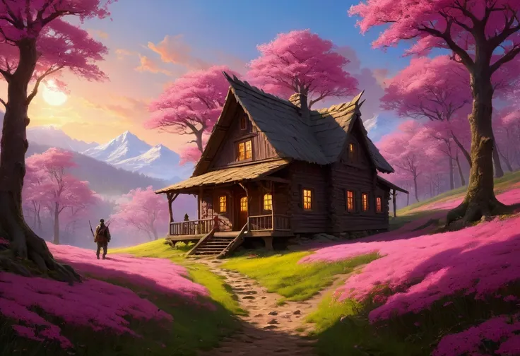  A lone traveler walks through a beautiful pink spring forest，The wooden house is located on a hill，Spectacular sunset , Adventure clothes ，whole body，realistic，8k，masterpiece， vivid colors ，Natural Lighting，Wide Angle，peaceful的氛围，peaceful，adventure， conce...