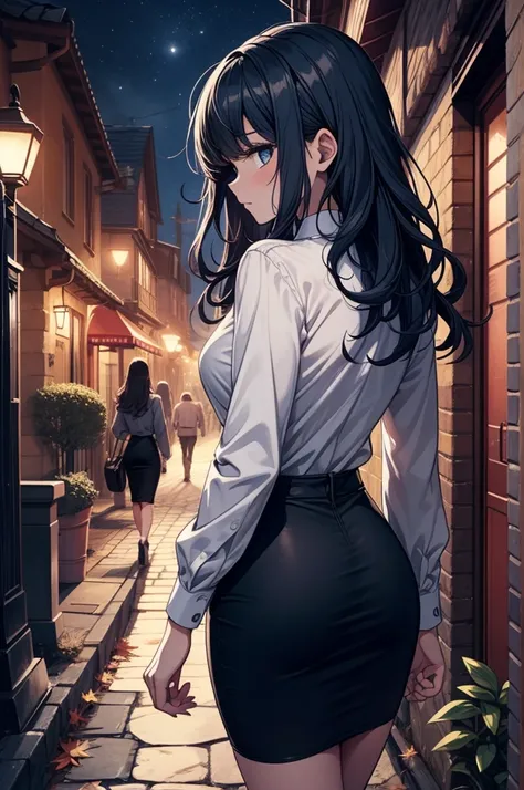 ((masterpiece, best quality:1.3, high detail)), beautiful woman walking, view from behind, looking to the side, bright eyes, (sleepy), tired, long wavy hair, (dark blue hair), ((white collar shirt long sleeves)), (long black pencil ((skirt))), slim body, g...