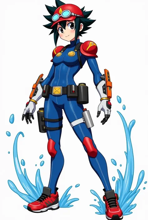 Kota,  Spiky black hair, black eyes, red cap with gold fins,  blue bodysuit with red and black armored accents. The suit features red armored shoulder pads, white kneepads with gold details, and a black utility belt with pouches. The character has sporty, ...