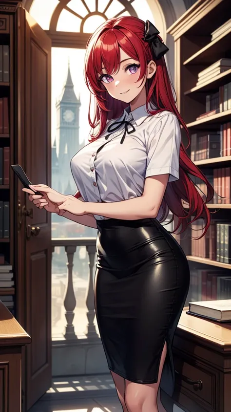 ((masterpiece, best quality:1.3, high detail)), (1girl), beautiful woman posing, bright (purple eyes), large breasts, confident, wide-eyed, smile, solo focus, long hair, (red hair), (hairpin), ((white collar shirt short sleeves)), neck ribbon, (black midi ...