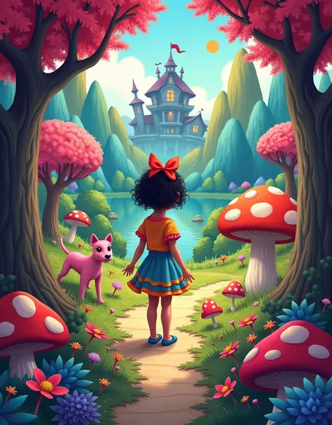 Make a picture of a book cover style that says: Marianela in a Strange World. Puts a girl in a super colorful top and skirt, that behind it there is a path with colorful trees, next to him a pink dog, On the other side of it a happy little mushroom, behind...