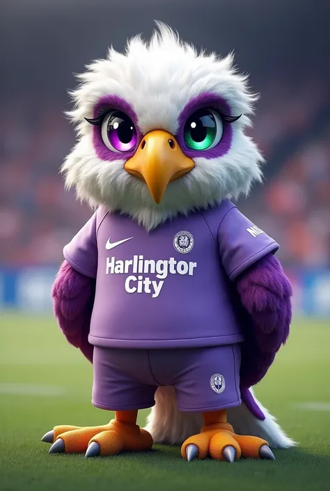 You can create the mascot of a soccer team that is a small eagle that wears a light violet and white t-shirt that says Harlington City and with two color purple and green lenses like those of Spreen