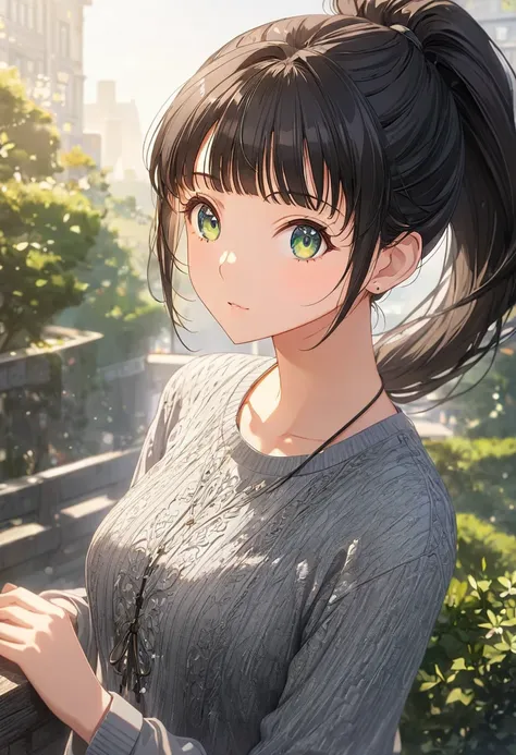 1.5, best quality, high quality, High definition, High quality texture, high detail, beautiful detailed, finely detailed, extremely detailed cg, detailed texture, ((ANIME)), 1girl, woman, female, ((casual)), black hair, ponytail, green eyes, relaxed, casua...