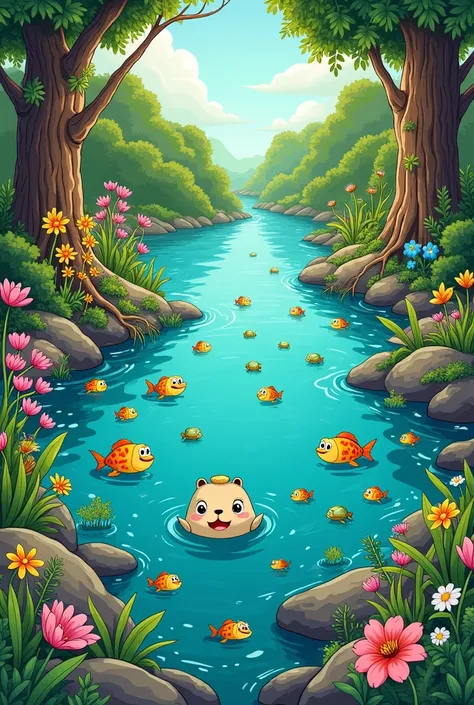  creates an image of a lagoon with a few animals inside in a place full of plants and flowers, But that the lagoon I have a happy face  (Make it a drawing like for ren)