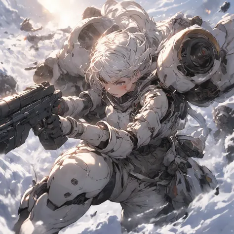 (  Masterpiece  ), (   top quality), (    super detailed ),    1 girl ,   whole body， holding a gun，battle，bombing，battleシーン， Gunfight，Fighting poses， is intense，snow，snow原，Body wounds，Mecha equipment，