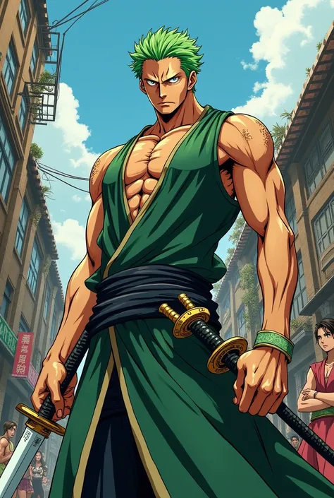 Make Zoro character from anime one piece into style version in anime Hunter x Hunter. Green hair character who carries 3 swords