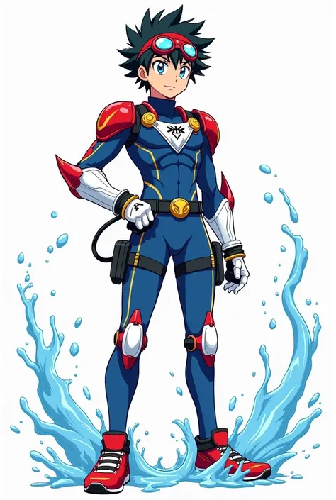 Create a young anime character in the style of My Hero Academia. The character is Kota Izumi, wearing a sleek, form-fitting blue bodysuit with red and black armored accents, designed for a hydro-powered superhero. The suit features red armored shoulder pad...