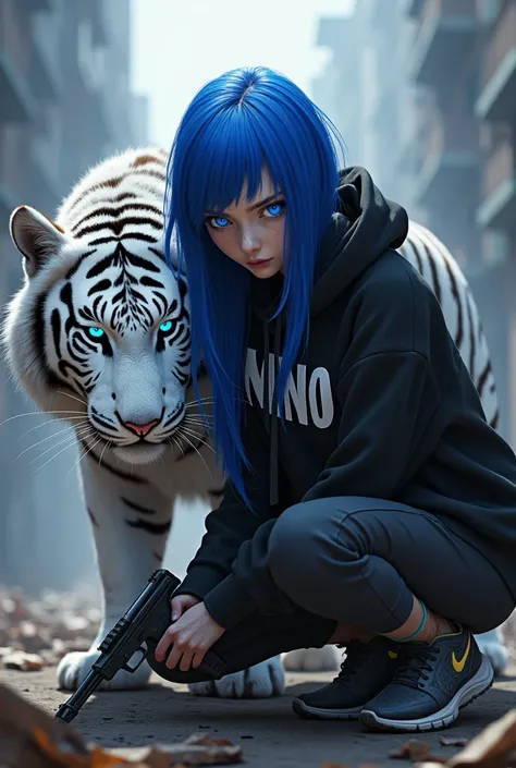  A girl with long blue hair wears a black hoodie with the letters MNO printed on it 
His eyes are bright blue. , Aim at a gun  ,  is crouched and has a white tiger with bright blue eyes as a pet 
The scenery is chaotic  