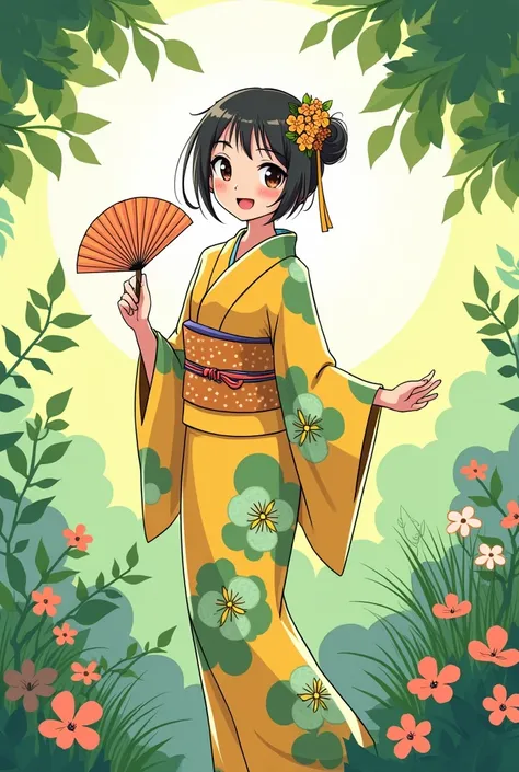  A cute girl wearing 、[Yellow and green kimono ] is holding a fan in her hand and smiling in a garden with early summer greenery。As a coloring book、Simple Line、 no grayscale 、 without shading、 cute、Simple lines, standing in the shadows with a clear line 、 ...