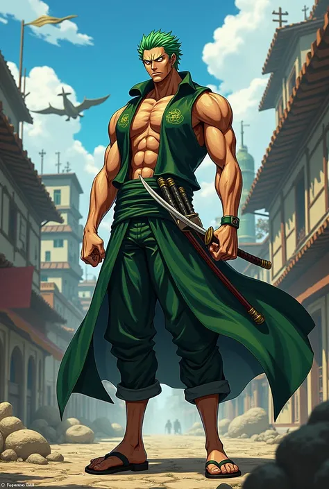 Make Zoro character from anime one piece into style version in anime Hunter x Hunter. Green hair character who carries 3 swords