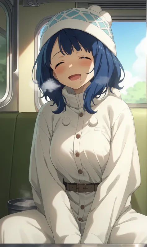 yanamianna, medium hair, middium breasts,blue hair,closed eyes, medium breasts, fluffy coat, turtle neck, knit swearter, knitted hat, muffler, blush, charming smile, open mouth, steam, indoor, train, window, sleeping, drooling, spread legs, on seat, cold, ...