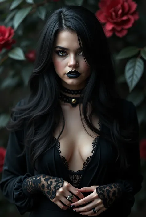 a beautiful gothic girl, Selena Gomes, long black hair, intense dark eyes, dramatic dark makeup, black lacy dress, dark nails, dark floral background, moody lighting, dark and dramatic, highly detailed, cinematic, 8K, photorealistic