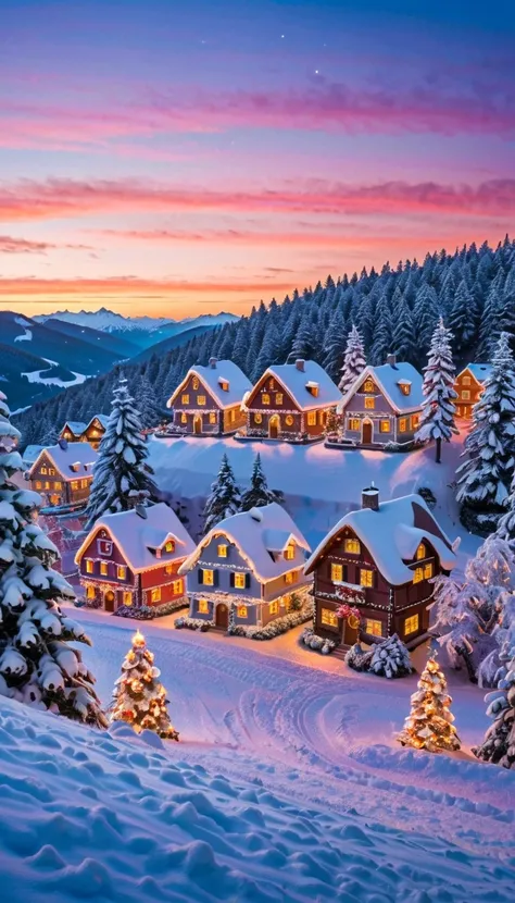 (((  surrenders ))) photograph,( super detailed face),((light))A heartwarming and picturesque Christmas landscape, featuring a cozy snow-covered village nestled among gently rolling hills. The scene is illuminated by the warm glow of festive lights strung ...