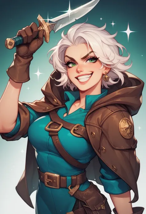 The Mysterious Rogue: A sly and confident thief with short, sharp, white hair peeking out from under a dark green hooded cloak. Her mischievous grin reveals a sense of cunning and playful charm. She wears a fitted blue tunic, brown leather gloves, and a wi...