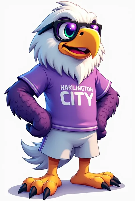 You can create the mascot of a soccer team that is an animated male eagle wearing a light violet and white t-shirt that says Harlington City and with two-color purple and green lenses like those of Spreen