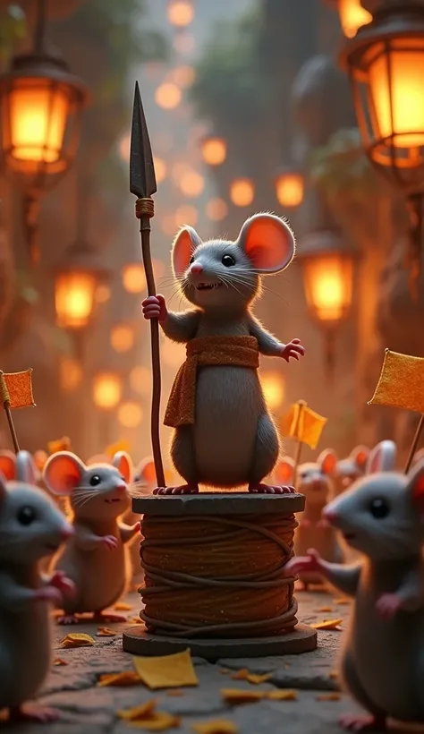 A triumphant 3D scene of mice celebrating in their underground city after defeating the cat. The brave leader mouse stands on a makeshift podium made of a spool of thread and a matchbox, holding a toothpick spear high. The city is adorned with glowing lant...