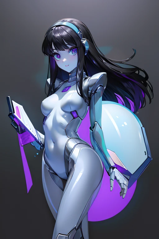 One Girl, alone, High resolution, vision, Accurate, Highest quality, 超High resolution, Shortcuts, robotization, ((Android、robot、Inorganic skin))、future、(Pale skin、saturated color)、pistol、(black、skinny、Bodysuits), long hair, (Deep Eye、Lens Cover、smile、Machi...