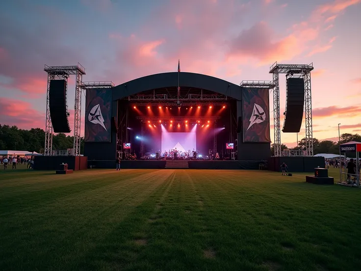  It seeks to create an image that captures the essence of an outdoor rock concert .  This image must present a large and striking stage with dramatic lights and impressive sound systems.  The environment must be surrounded by green grass to convey a feelin...