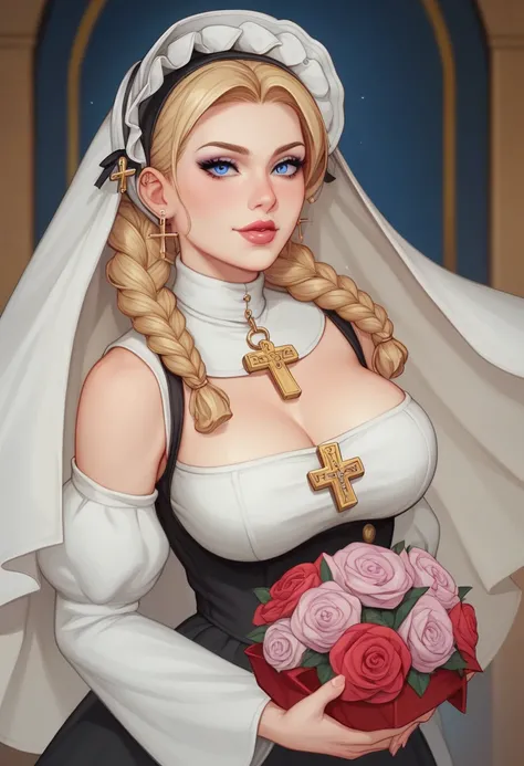 Face and Expression: Sister Angelica has a fair, well-groomed complexion, highlighted by a piercing gaze that is not softened by her blue eyes. Her expression is often stern, reflecting a sense of discipline and authority. A long, blond braid frames her fa...