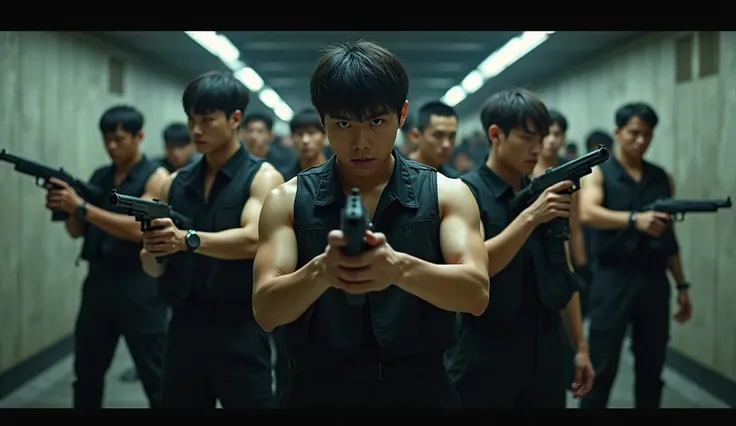 A group of Asian men ， wearing cool black vests，Holding a gun，Standing in a car tunnel ， scattered all over the tunnel 。