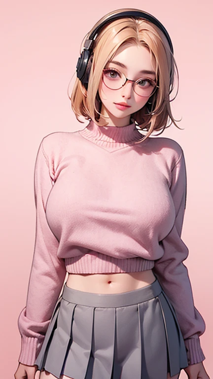 Beautiful young woman, headphones , naked on top, round eyeglasses, beautiful saggy breasts, large breasts, abs, straight short red-blond bob hair, Fair-white skin in deep-pink long sleeve sweater, pleated mini grey skirt ,stunning pose, pink gradient colo...