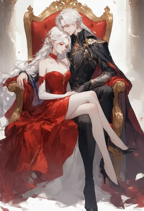 Create an anime character.a prince with long white hair and handsome and his beautiful princess with white hair blue eyes, she is sitting on the throne, red dress V, Him she kisses her, short golden skirt, black fishnet stockings and boots, Her hair It is ...