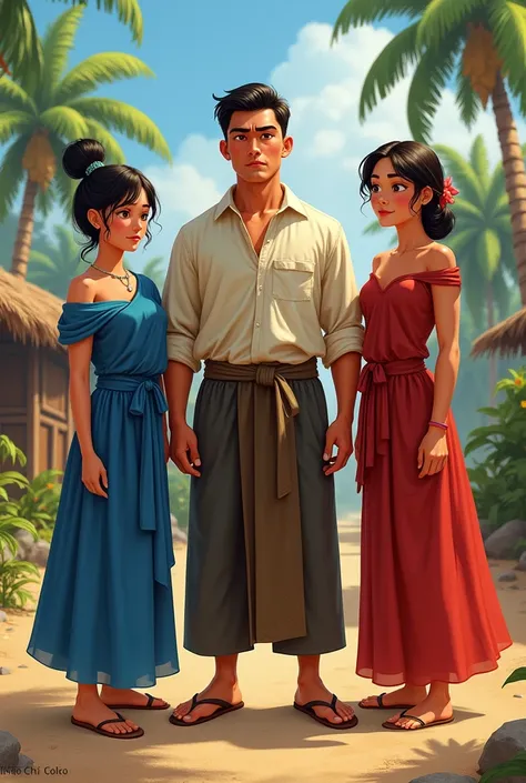 A portrait-style scene of Kong, an average-looking Cambodian man dressed in modest traditional clothing. He stands between his two wives, Nang Am (a confident, strong woman in blue attire) and Nang Kom (a calm, supportive woman in red attire). Kong’s postu...