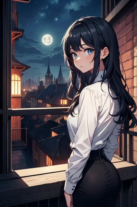 ((masterpiece, best quality:1.3, high detail)), beautiful woman, view from behind, looking to the side, bright eyes, (sleepy), tired, long wavy hair, (dark blue hair), ((white collar shirt long sleeves)), (long black pencil ((skirt))), slim body, gothic, c...