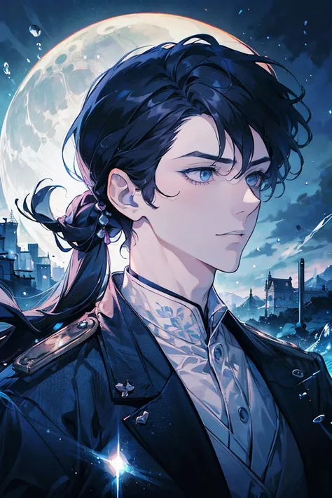 (Great work: 1.2, Best Quality), navy blue hair, tied hair, white eyes (Handsome: 1.4), alchemist, white gloves, black clothes, fantasy, moon, fantastic shading, landscape, a very detailed face, a potion in one hand, long hair, clear eyes, Japanese animati...